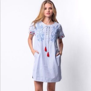Embroidered pin stripe lace up dress