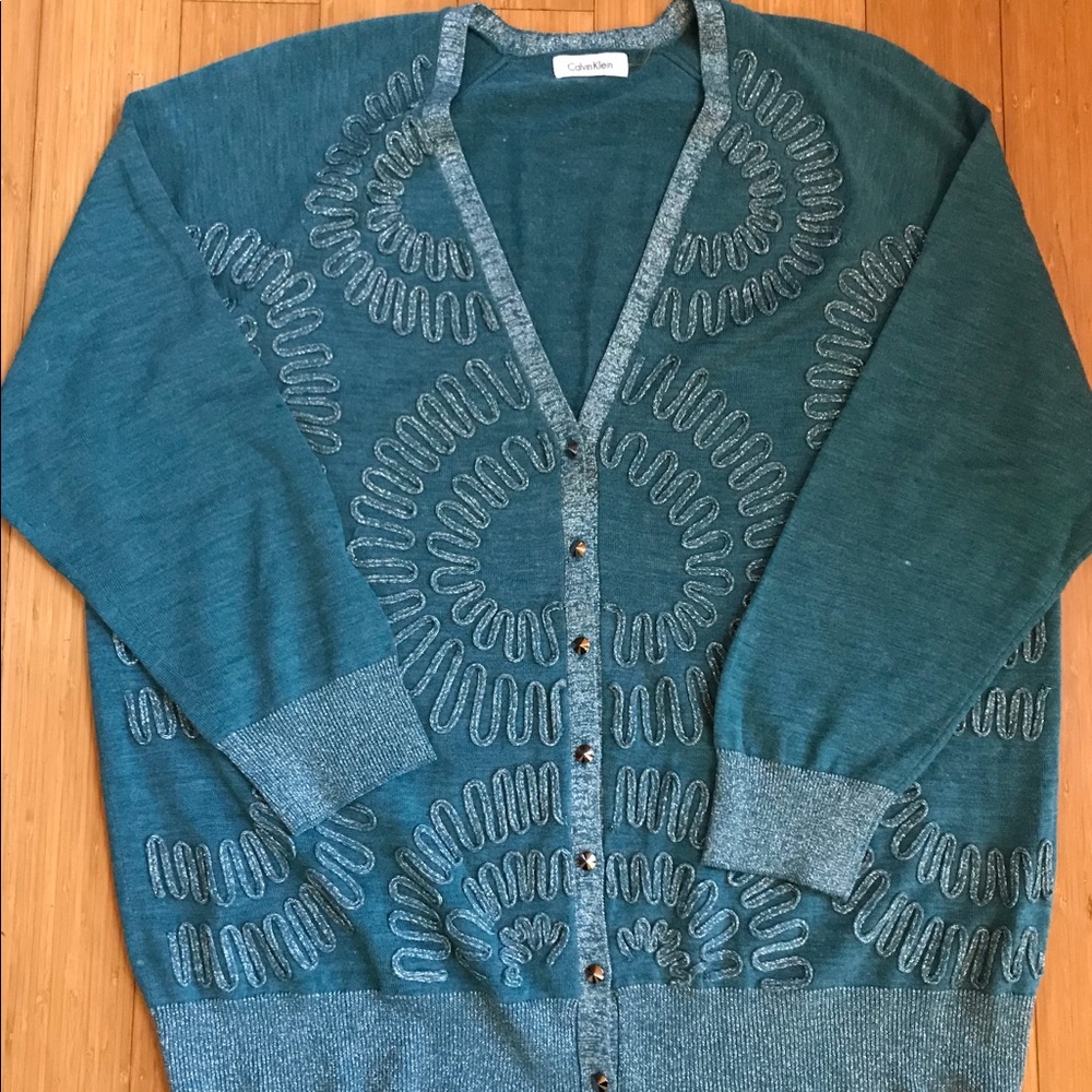 Calvin Klein cardigan sweater with metallic detail. Great for the holidays!