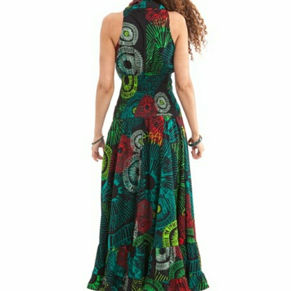 Green & Blue Geometric Plunge Maxi Dress