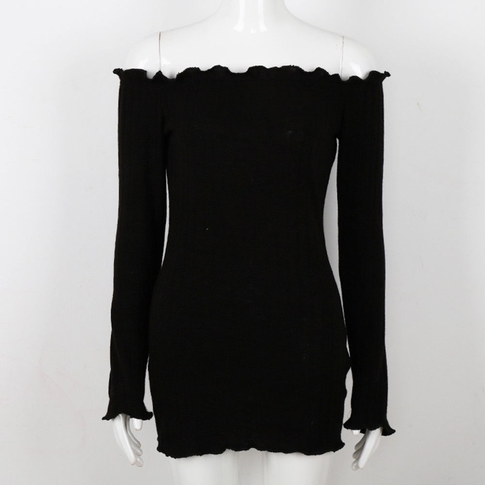 Cute black long sleeve off shoulder casual dress - Picture 2 of 6