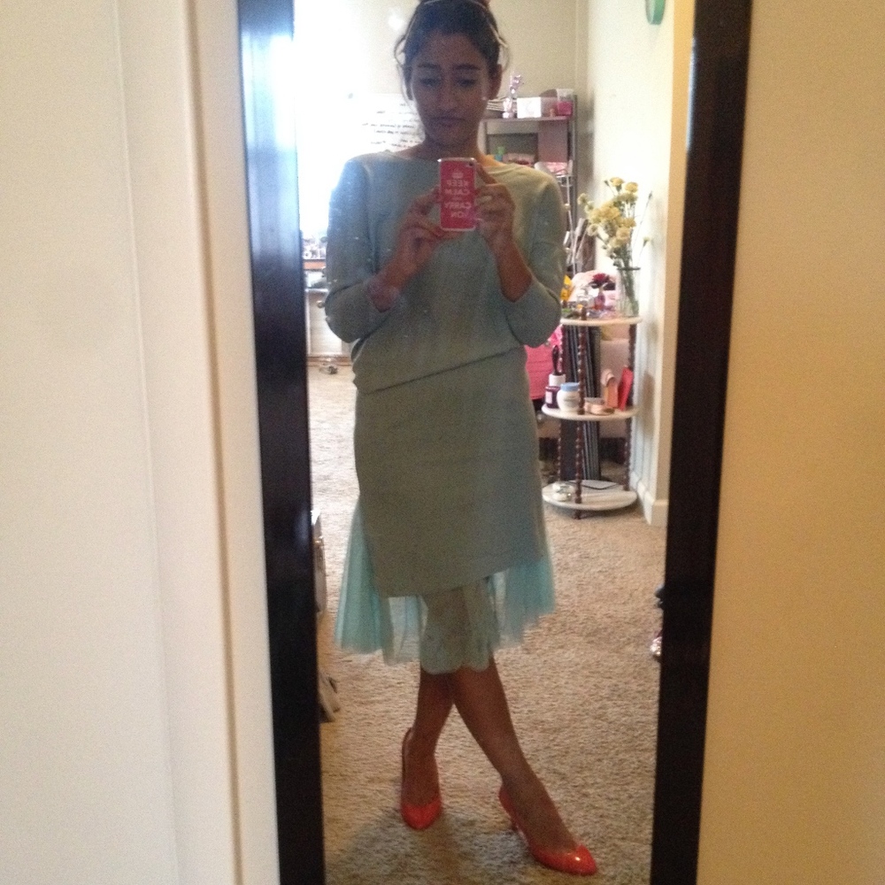 Powder Blue sweater skirt set with pearls