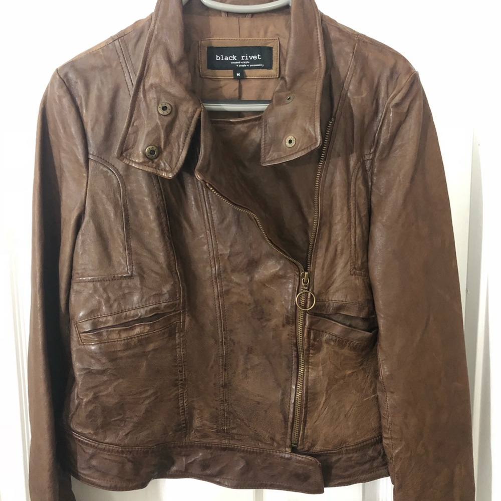 Black Rivet Crinkle Nappa Leather Moto Jacket