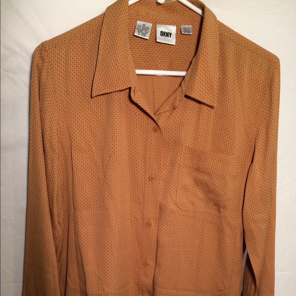 DKNY women silk blouse brown red n green print 14