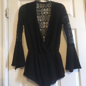 Black Bell-Sleeved Lace Romper