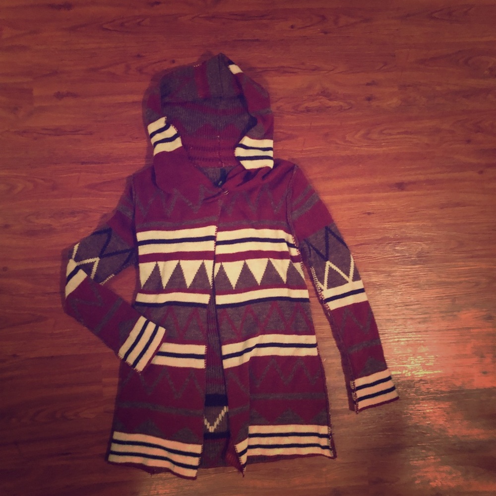 Aztec hooded long warm open cardigan with pin