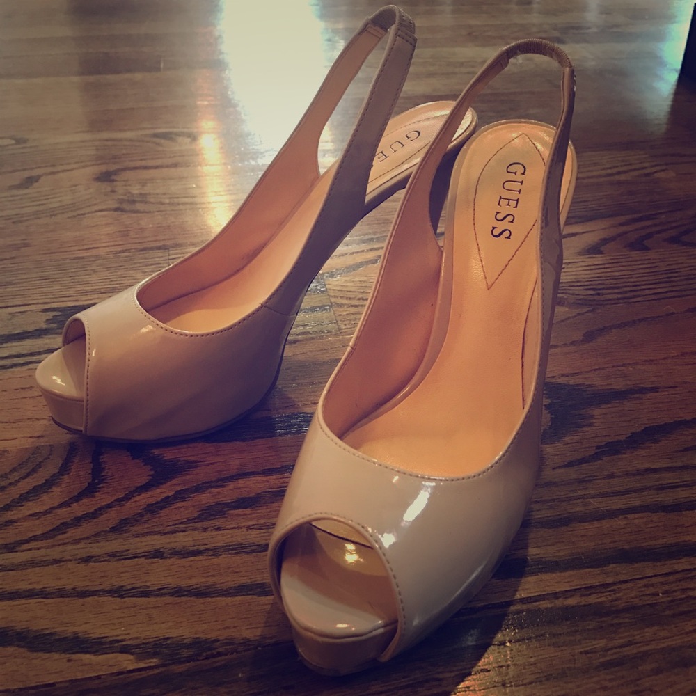 Patent nude sling back peep toe pumps