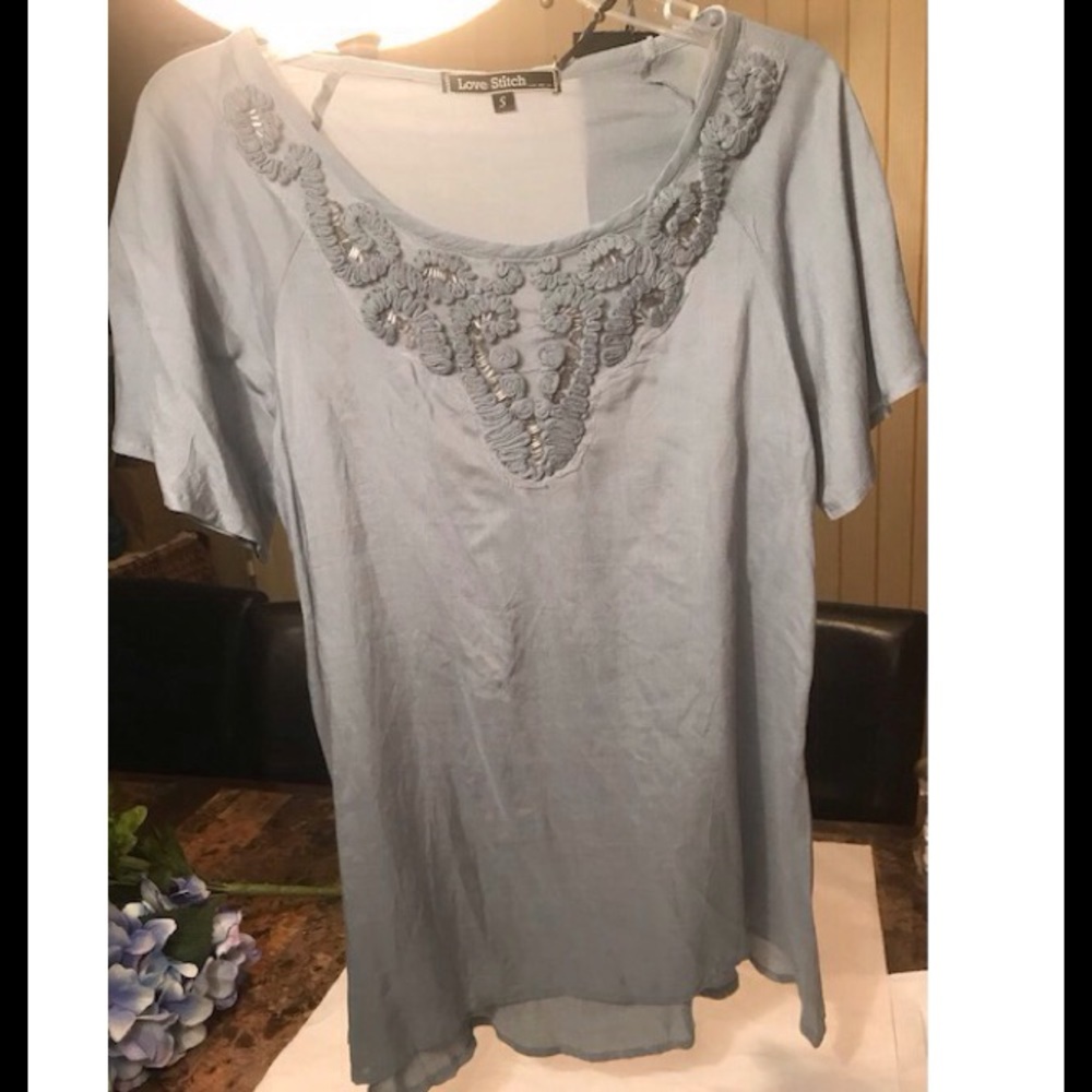 NWT Love Stitch boho top Sm shirt blue embellish