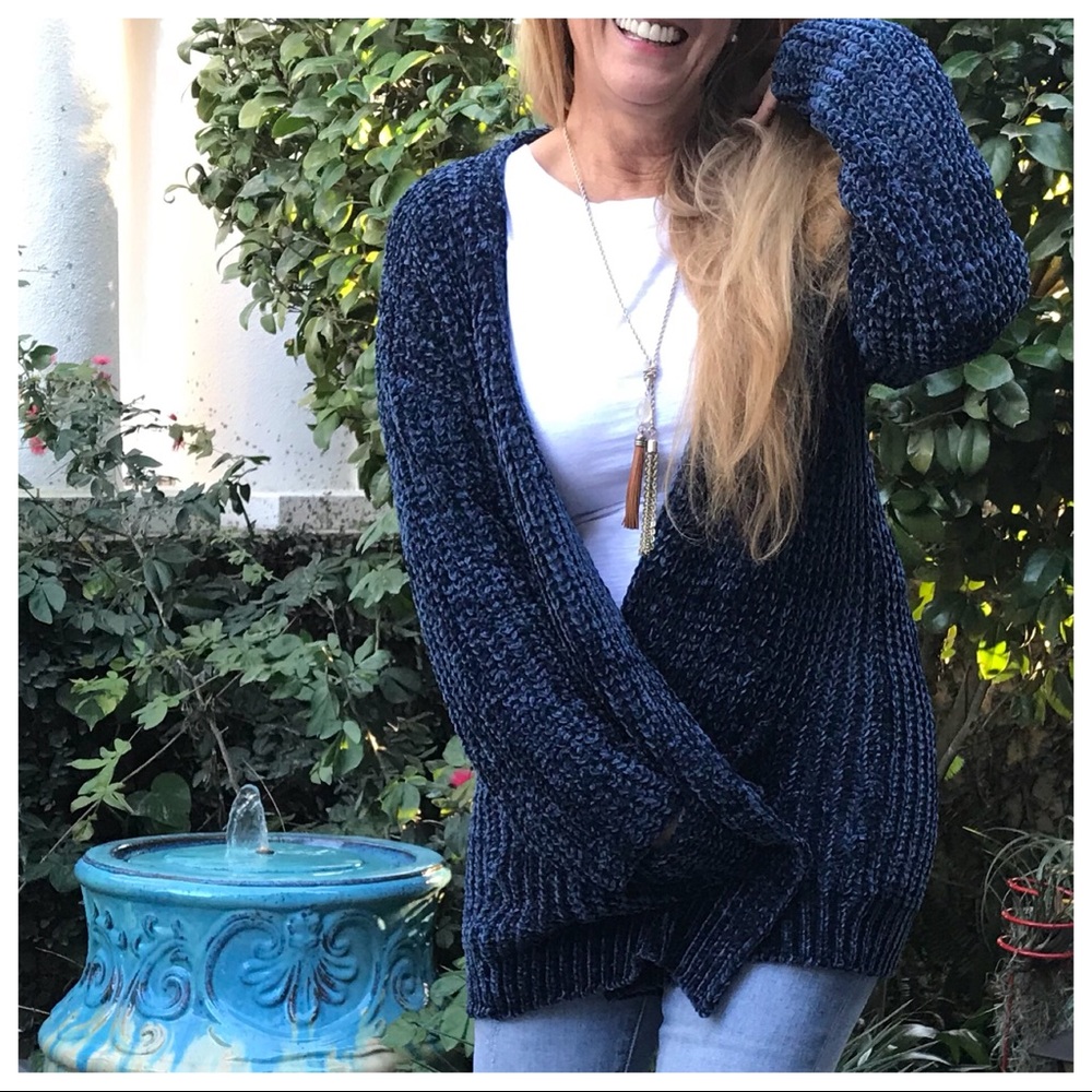 Drenched in Chenille! Navy Knit Cardigan + Pockets