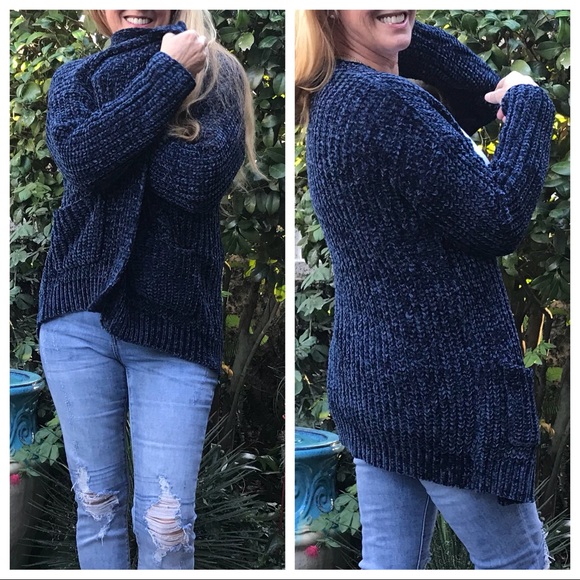 Drenched in Chenille! Navy Knit Cardigan + Pockets - Picture 2 of 8