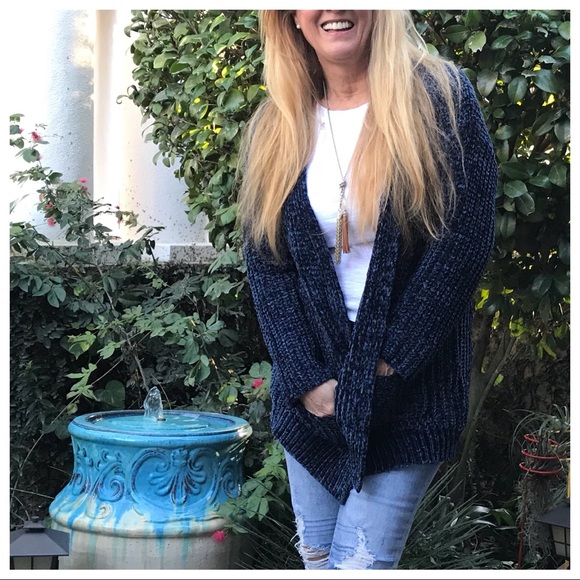 Drenched in Chenille! Navy Knit Cardigan + Pockets - Picture 3 of 8