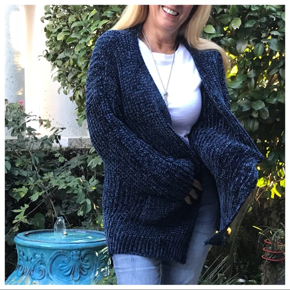 Drenched in Chenille! Navy Knit Cardigan + Pockets - Picture 7 of 8
