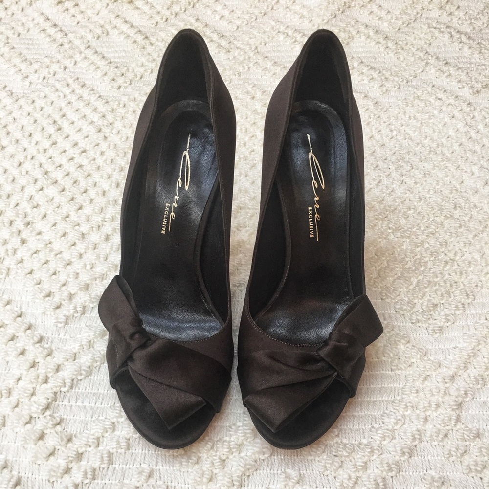 Cerre Exclusive-  Chocolate Satin Peep Toe Pumps