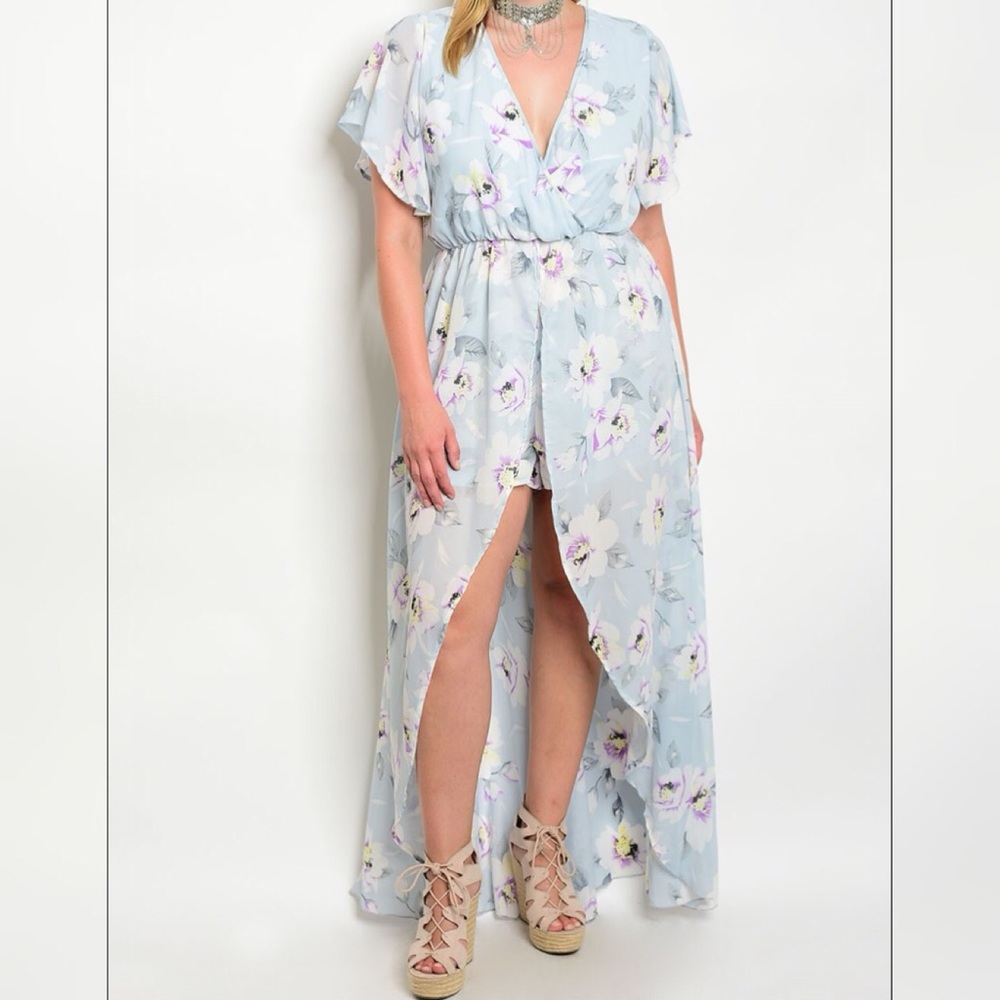 Sale Light Blue Gray Floral Romper With Train