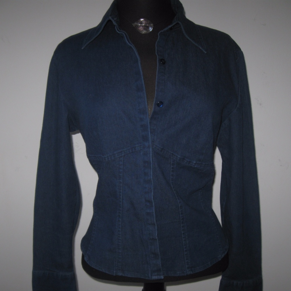 Denim Jean Stretch Button Shirt Top Excellent Med