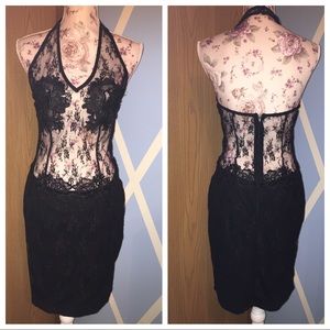 Black halter lace mini dress