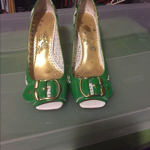 Green and White open toe heel