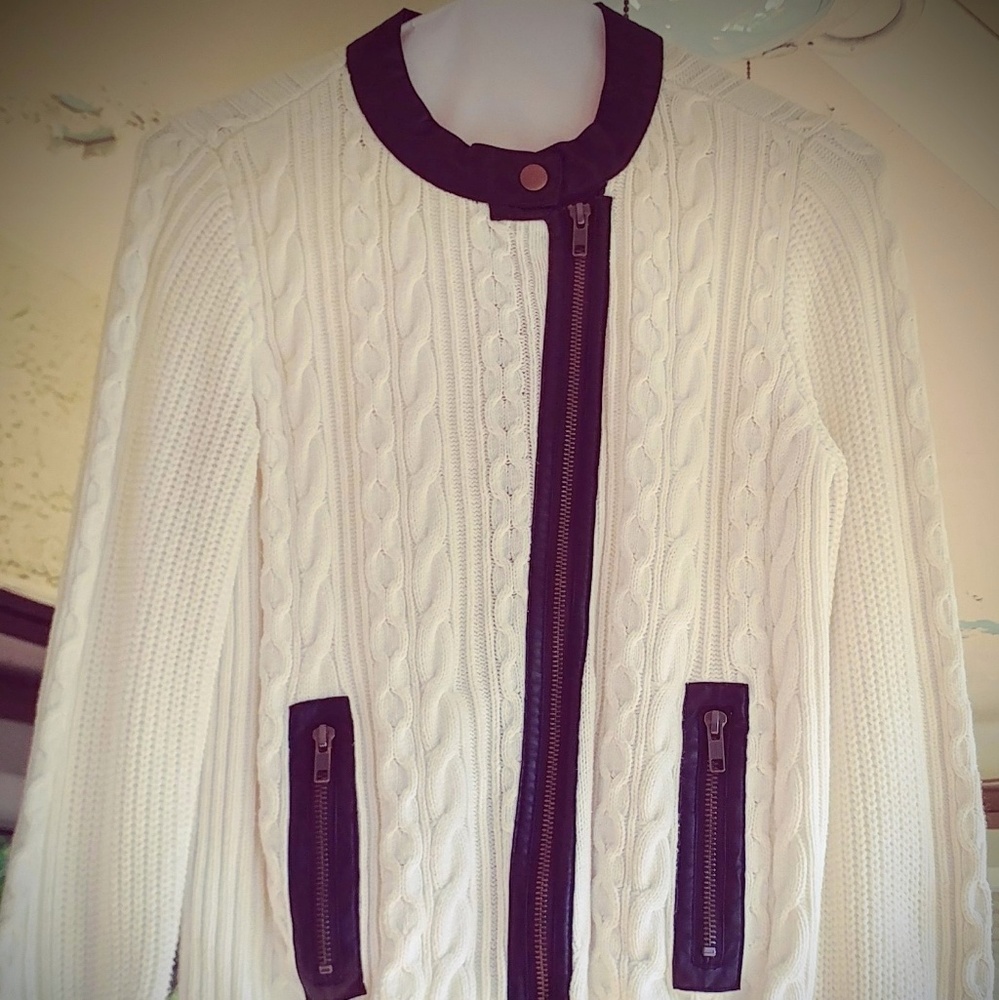 The Limited, Vintage, Cable Zipper Cardigan with Faux Leather Details, Small