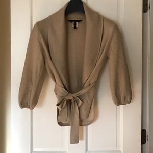 BCBGMAXAZRIA Tan 3/4 Sleeve Tie-Waist Cardigan