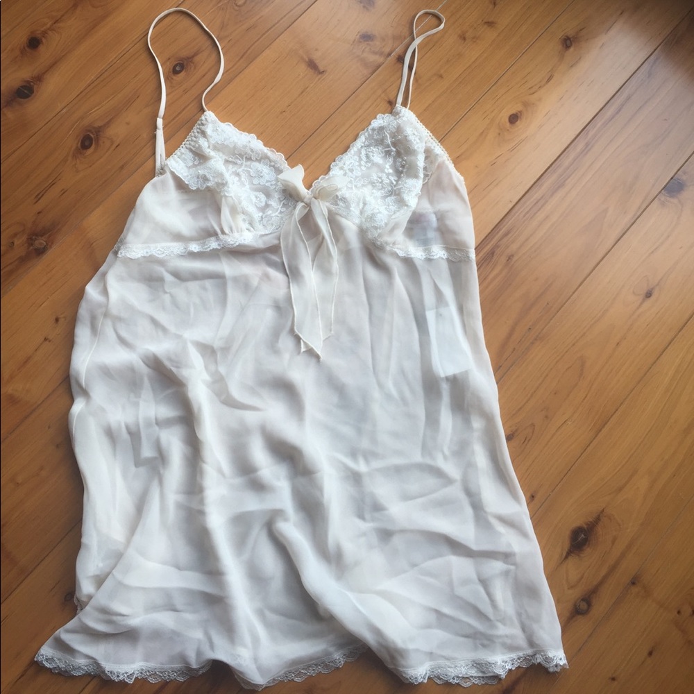 Champagne nightgown with lace and pearl detailing