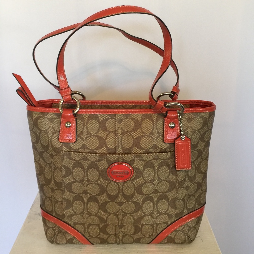 Coach Khaki Peyton Tote w/Pomegranate Accents