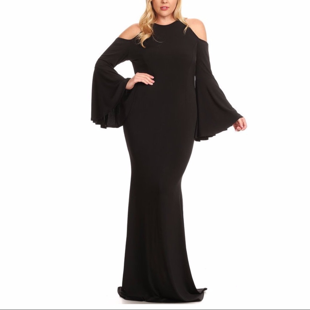 SALE Cold Shoulder Bell Sleeve Mermaid Maxi Dress - Picture 2 of 5