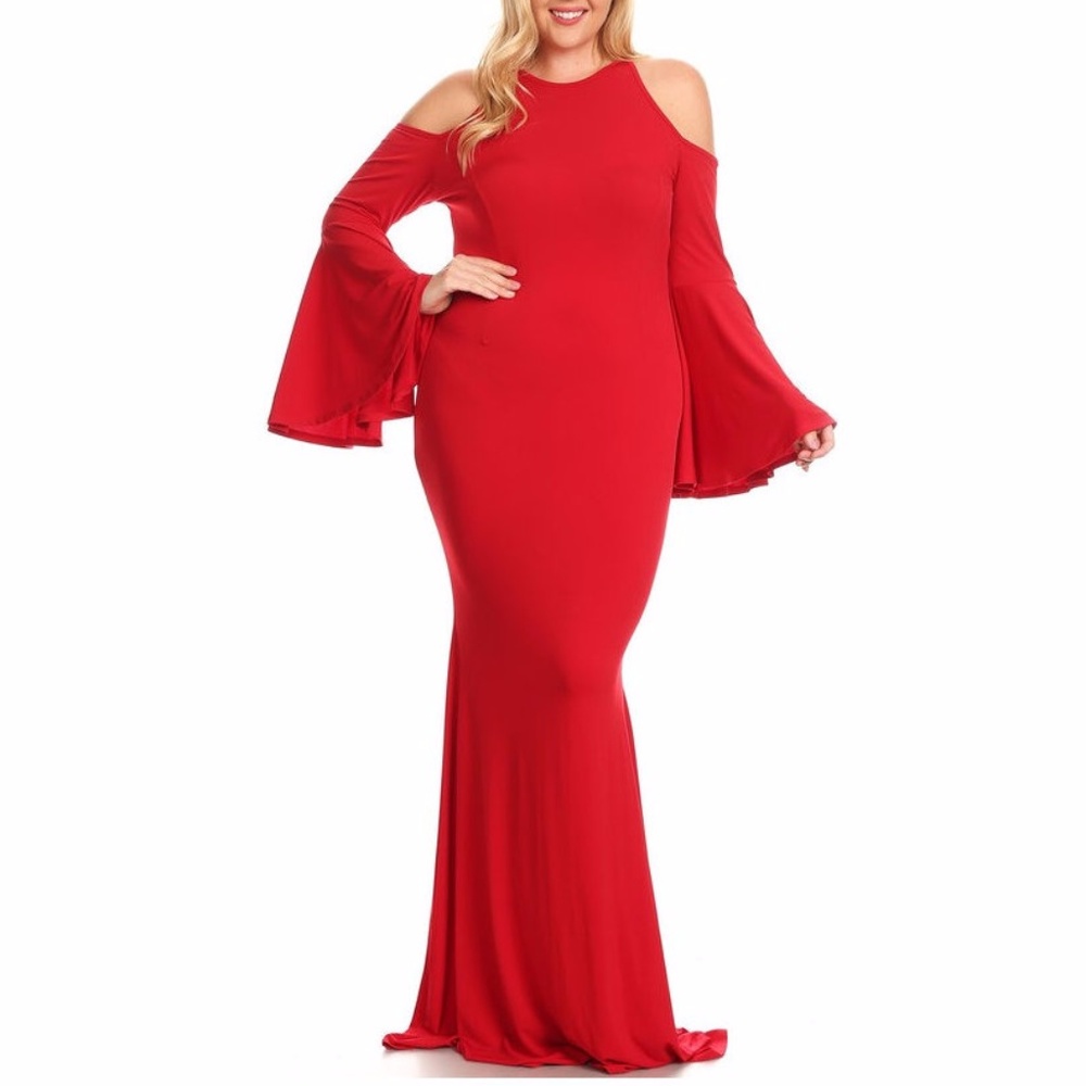 SALE Cold Shoulder Bell Sleeve Mermaid Maxi Dress - Picture 3 of 5