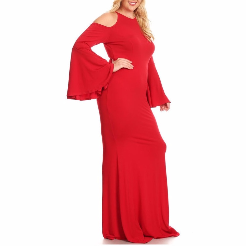 SALE Cold Shoulder Bell Sleeve Mermaid Maxi Dress - Picture 4 of 5