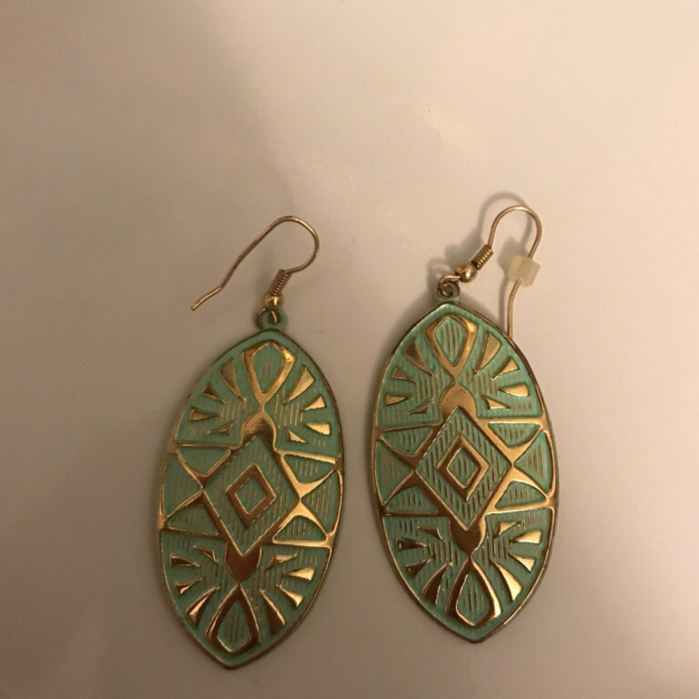 green and gold colored leaf hook earrings