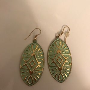 green and gold colored leaf hook earrings