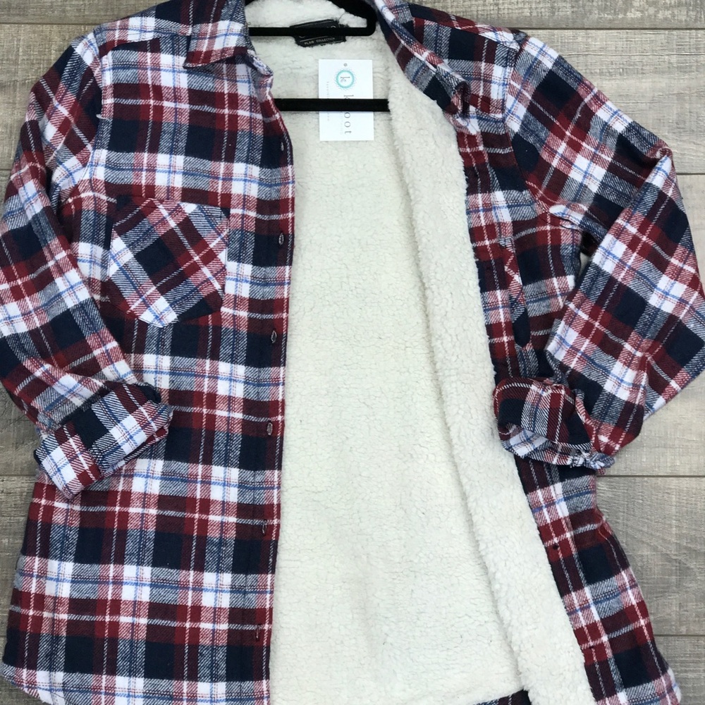 Navy Burgundy Sherpa Flannel - Picture 2 of 3
