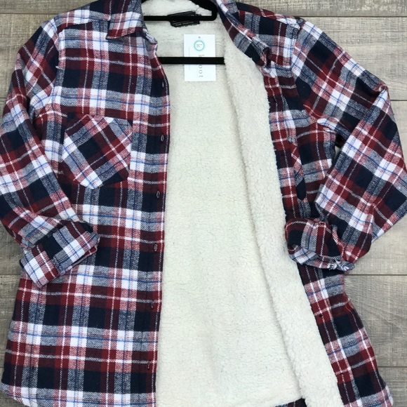 Navy Burgundy Sherpa Flannel - Picture 2 of 3