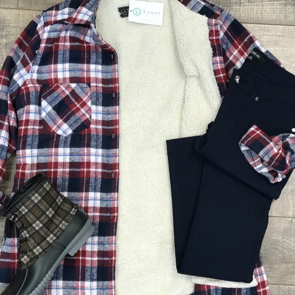 Navy Burgundy Sherpa Flannel - Picture 3 of 3