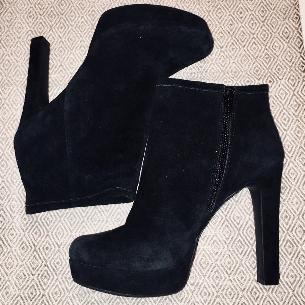 Black suede platform heel ankle boots
