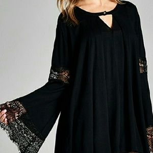 NWOT Black Lace Bell Sleeve Handkerchief Tunic