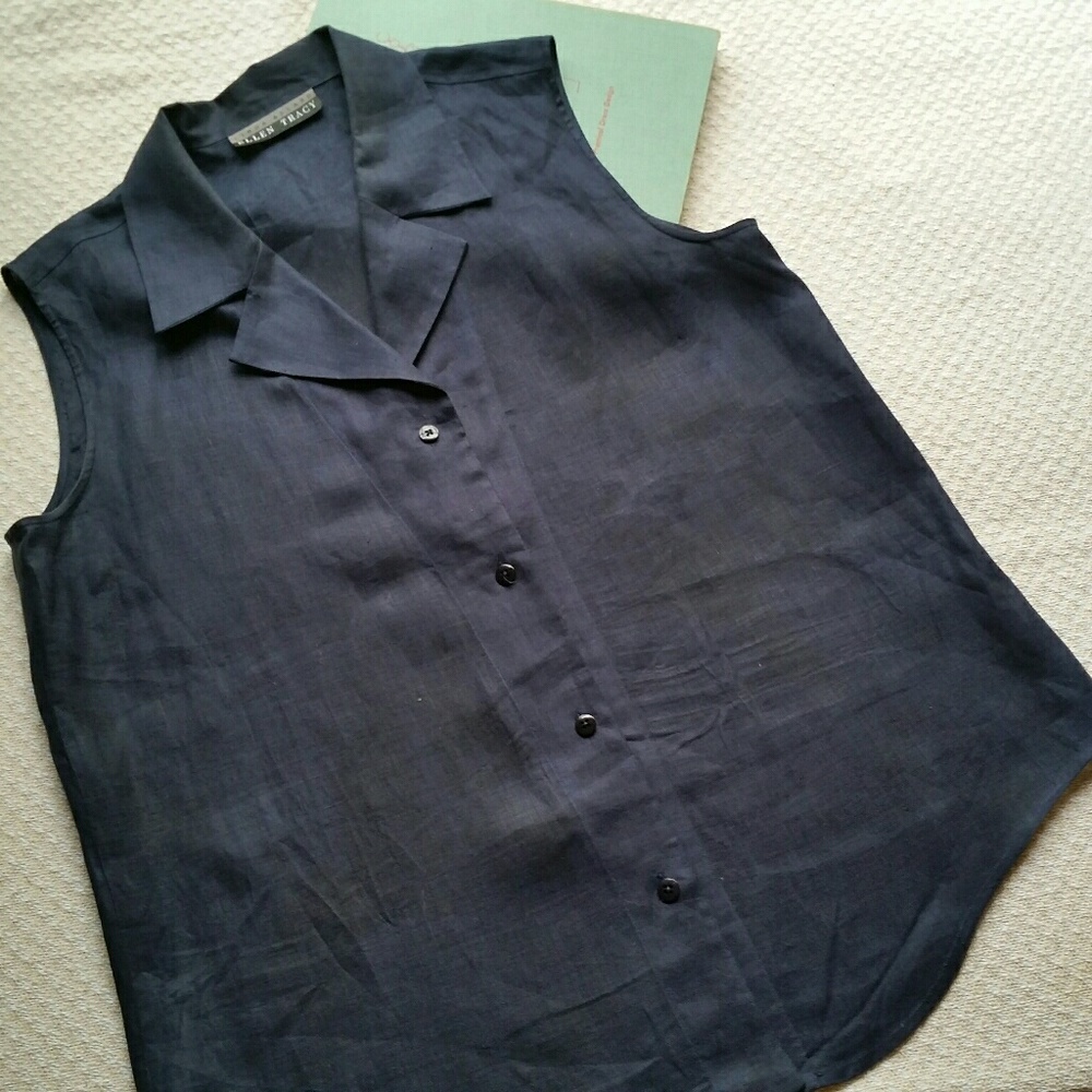 Ellen Tracy Sz 12 Navy Linen Sleeveless Shirt
