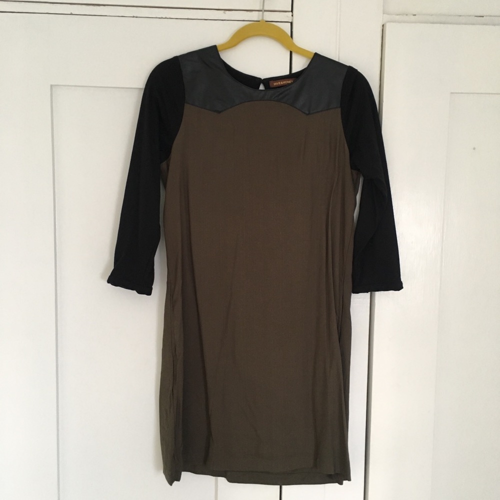 Vegan leather, linen, and jersey dress