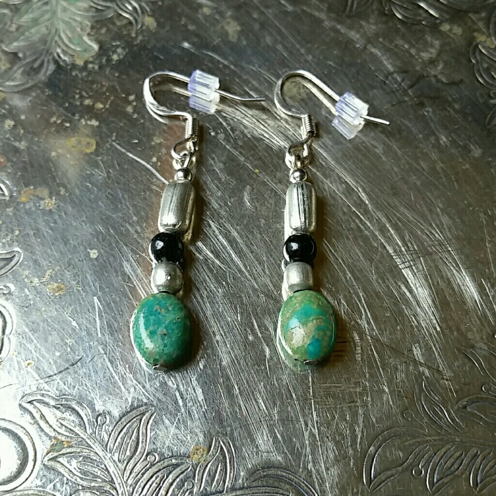 Green Blue Globe like, Black & Silver Earrings