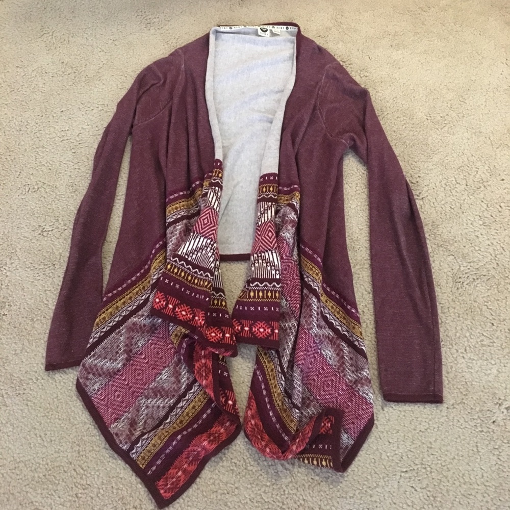 Roxy maroon tribal print open front sweater