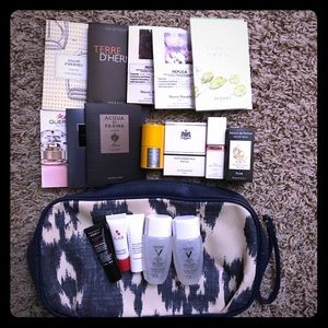 Perfume & skincare samplers + cosmetics bag bundle