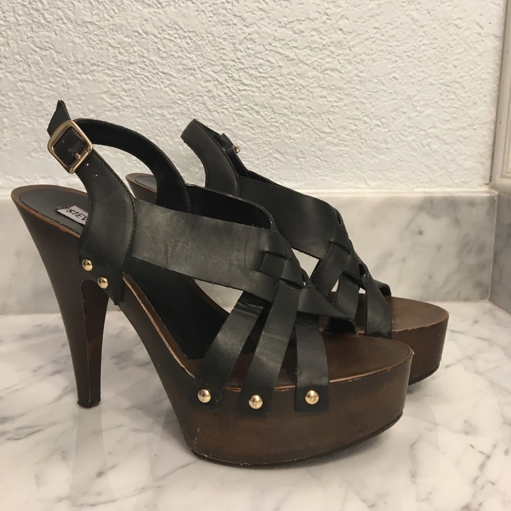 Black sandal style leather platform heel