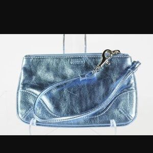 Coach metallic blue leather wristlet clutch