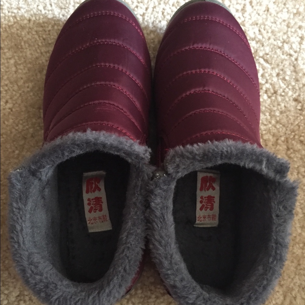 Burgundy “snow” moccasins