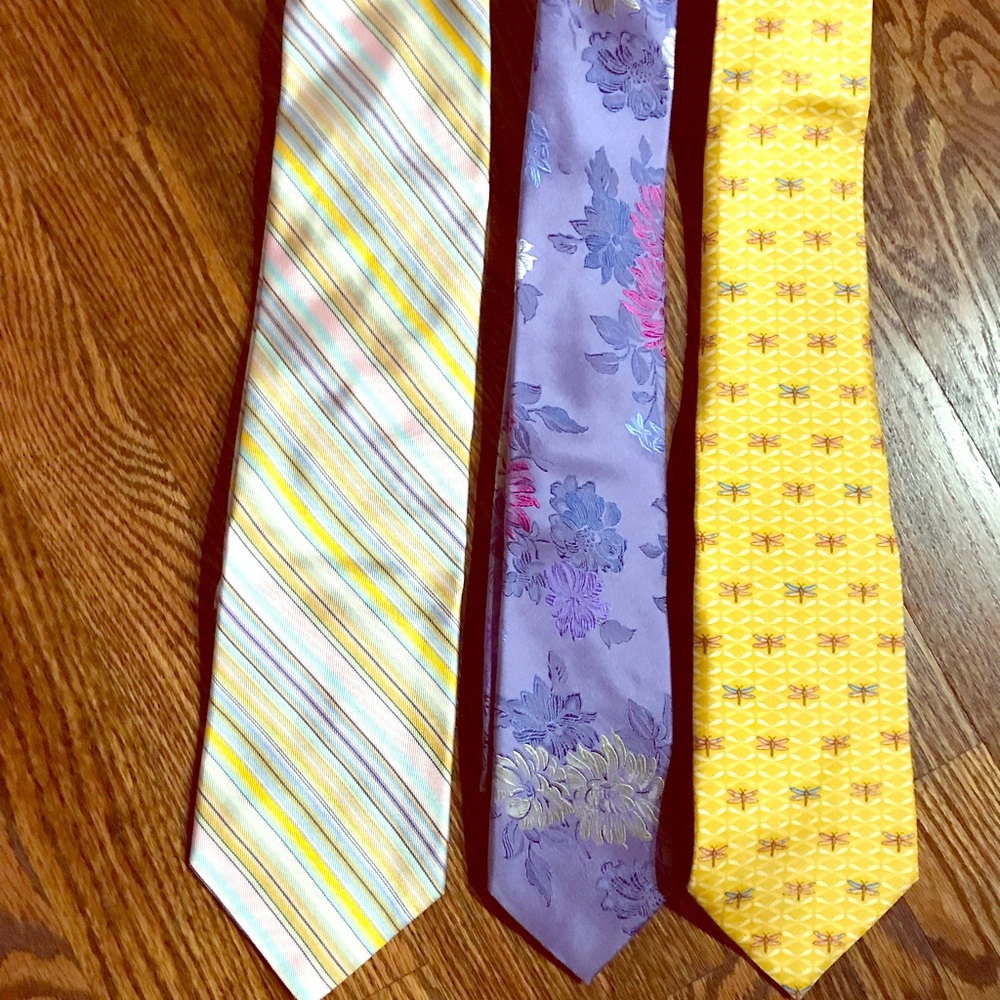 Men’s ties in lilac, striped and yellow. Ferragamo