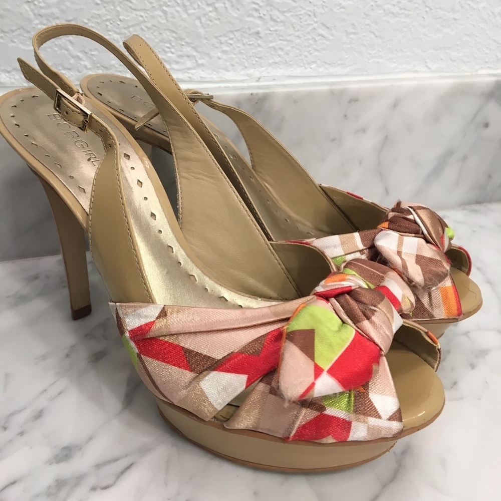 Nude leather and multi-color satin heel