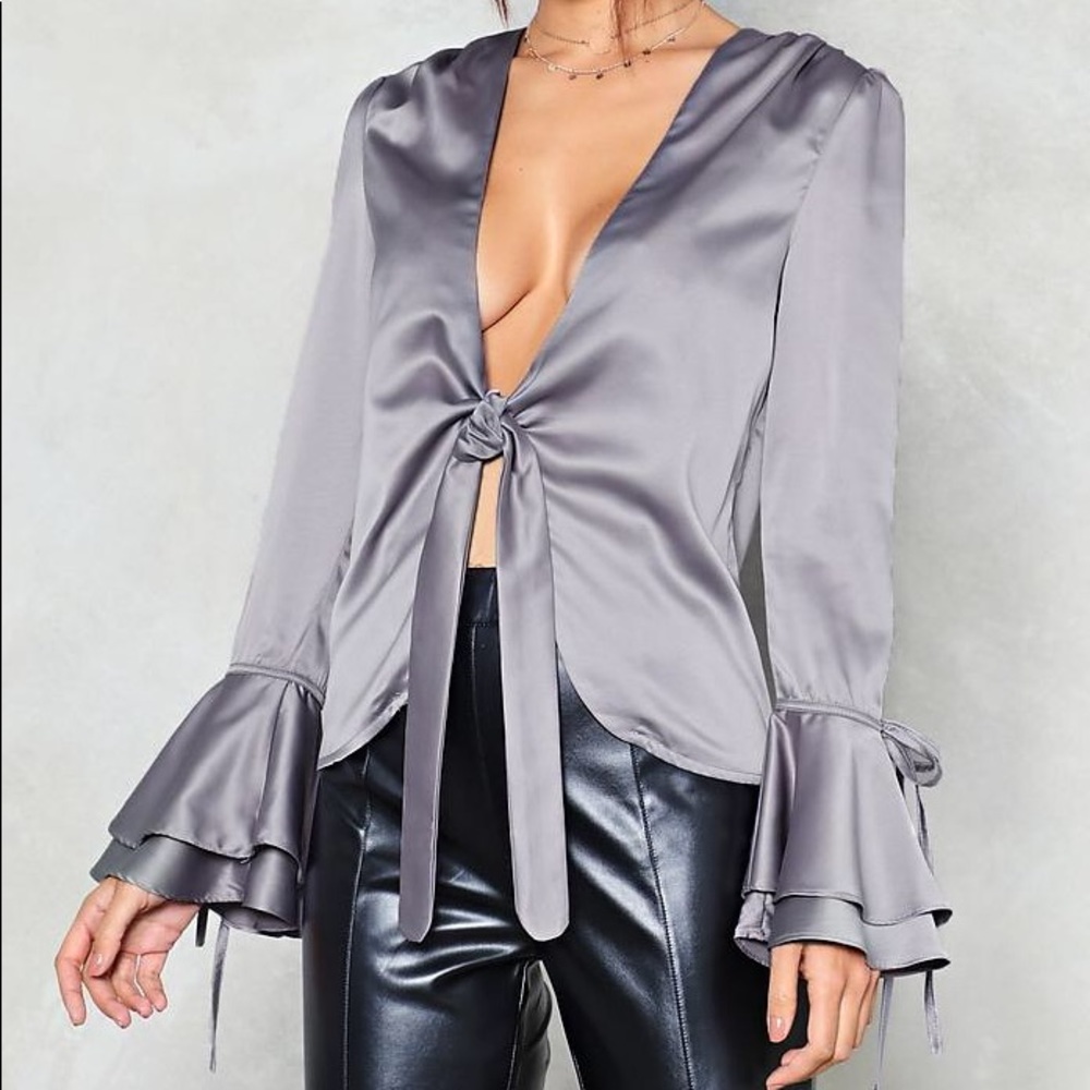 Satin Top Plung Neckline with Tie-Front