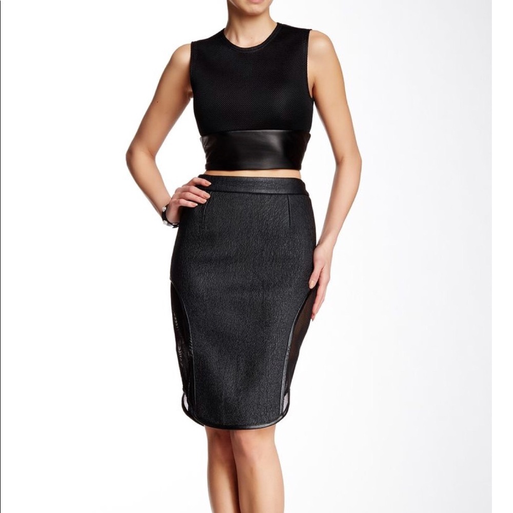 Black faux leather mid skirt