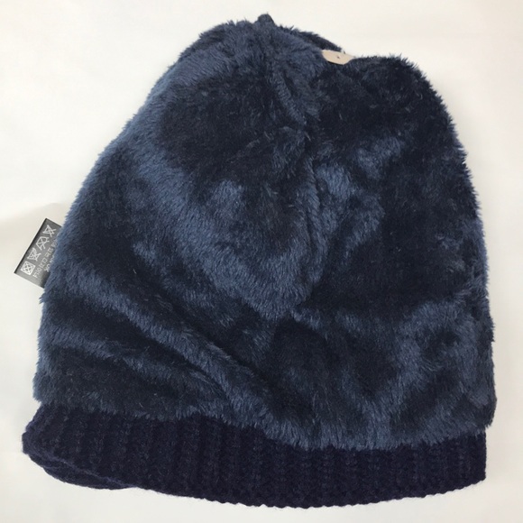 Navy Chunky Knit Sherpa Lined Beanie Hat - Picture 3 of 3