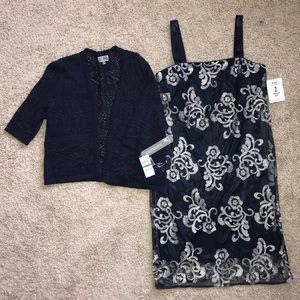 NEW GORGEOUS NAVY & SILVER DRESS and CARDIGAN