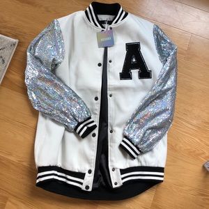 NWT Longline Varsity jacket with sequin sleeves