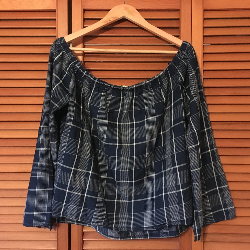 SALE **Blue** Plaid Off-Shoulder Top cloth & stone